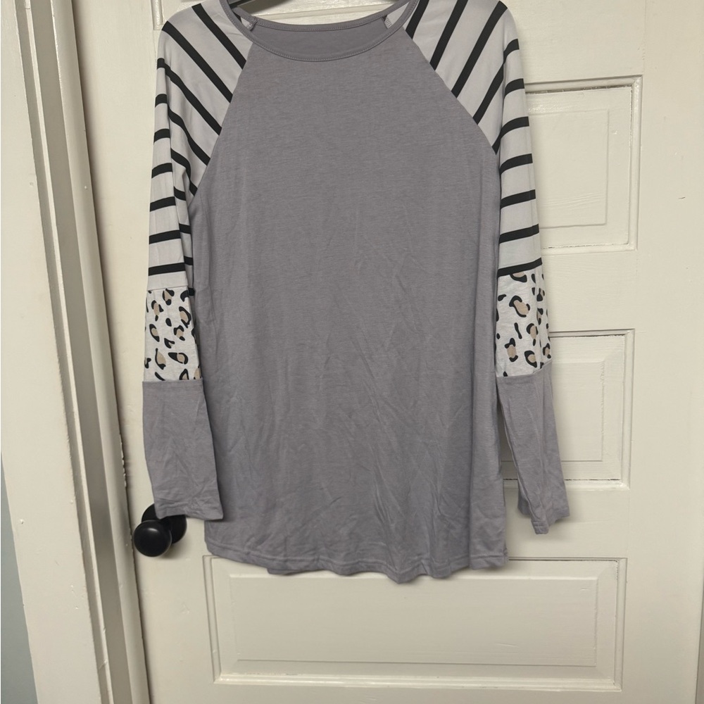 Gray Raglan Long Sleeve Top with Striped & Leopard Sleeves